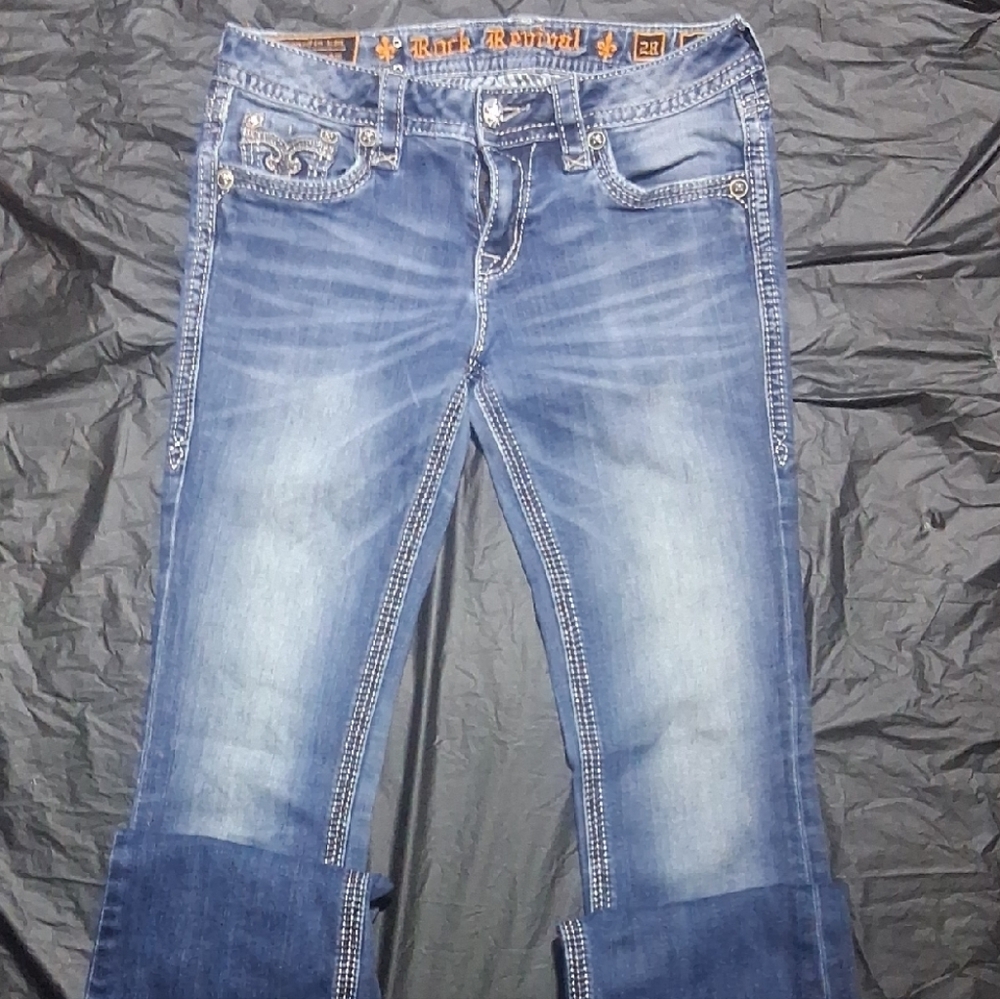 Rock Revival Blue Boot Cut Jeans with Distressed Details